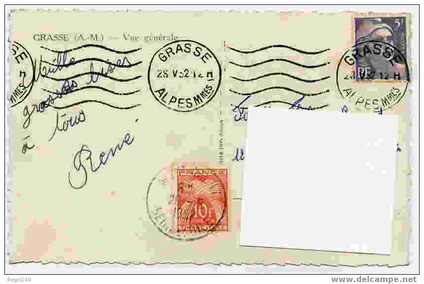 Timbre Taxe 10 F -  1952 Sur Carte Postale  Grasse - Vue Générale En 1952 - 1859-1959 Oblitérés