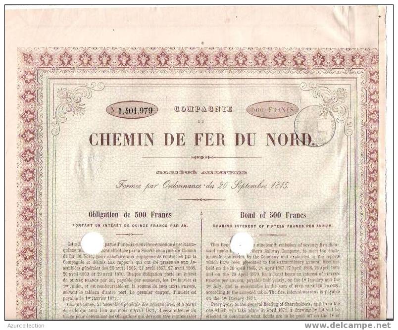 TITRE .CHEMIN DE FER DU NORD .1870 - Ferrocarril & Tranvías