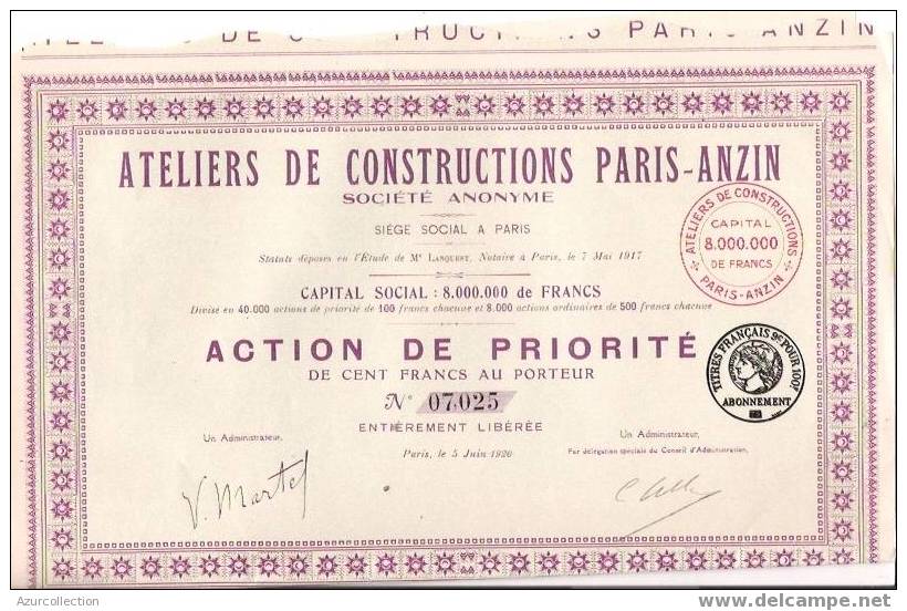 TITRE .CONSTRUCTION PARIS ANZIN - Industrie