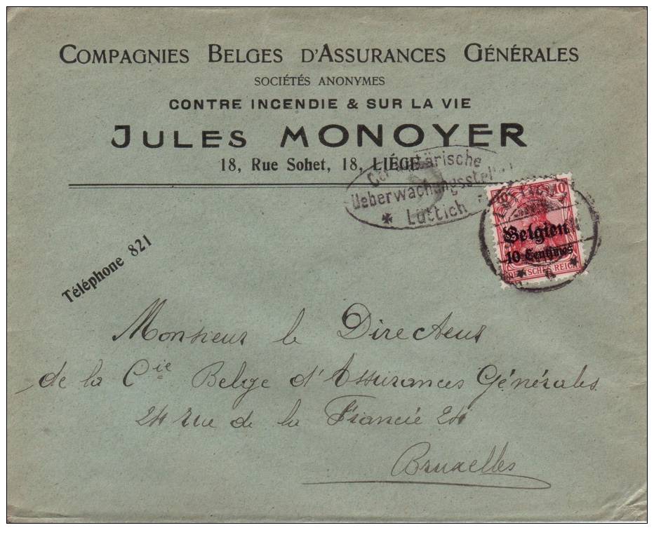 BELGIUM USED COVER CANCELED BAR LUTTICH - OC1/25 Generalgouvernement 
