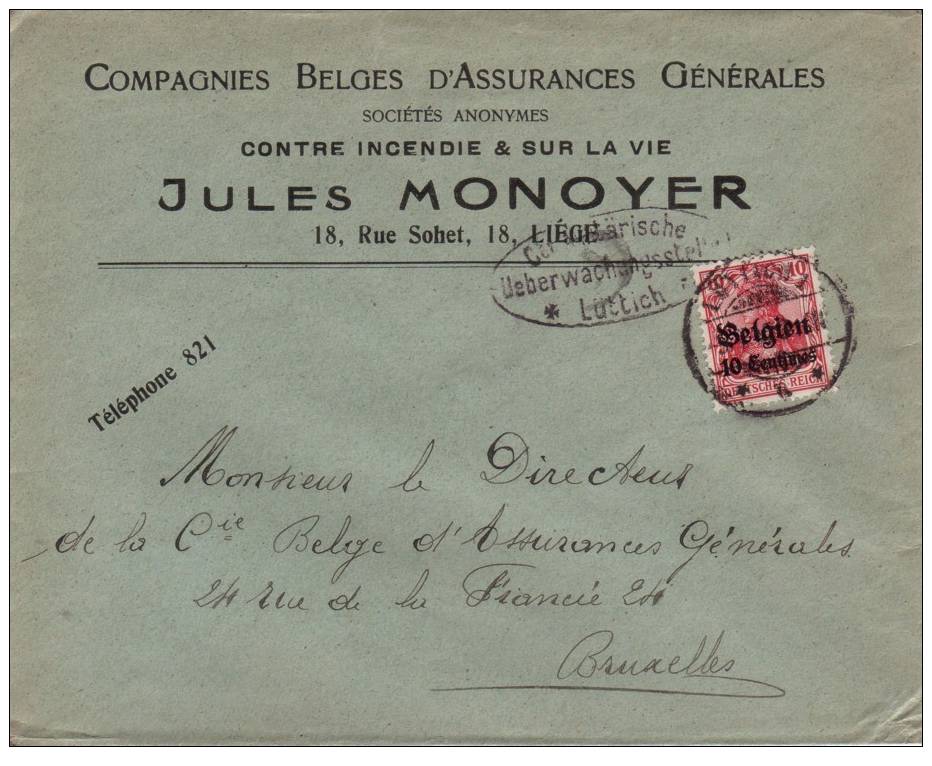 BELGIUM USED COVER CANCELED BAR LUTTICH - OC1/25 Gouvernement Général