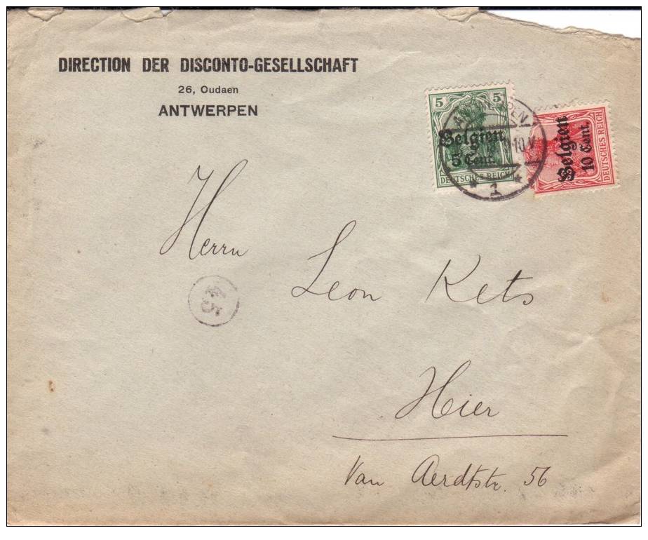 BELGIUM USED COVER CANCELED BAR ANTWERPEN - OC1/25 Generaal Gouvernement