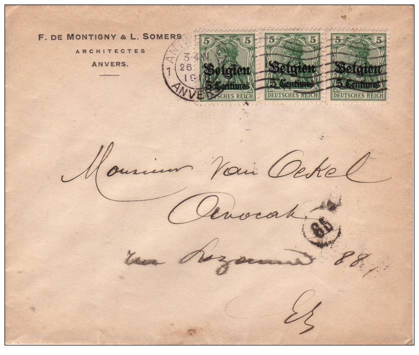 BELGIUM USED COVER CANCELED BAR ANTWERPEN - OC1/25 Generalgouvernement 