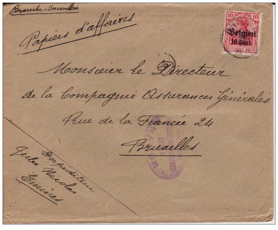 BELGIUM USED COVER CANCELED BAR EMINES - OC1/25 Generaal Gouvernement