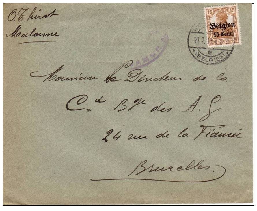 BELGIUM USED COVER CANCELED BAR NAMUR - OC1/25 Gouvernement Général