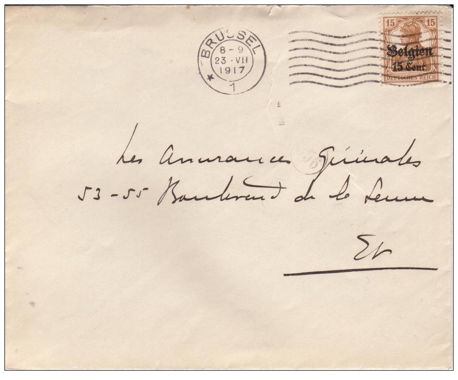 BELGIUM USED COVER CANCELED BAR BRUSSEL - OC1/25 Generaal Gouvernement