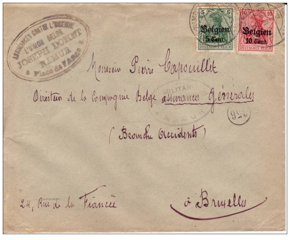 BELGIUM USED COVER CANCELED BAR NAMUR - OC1/25 Generaal Gouvernement