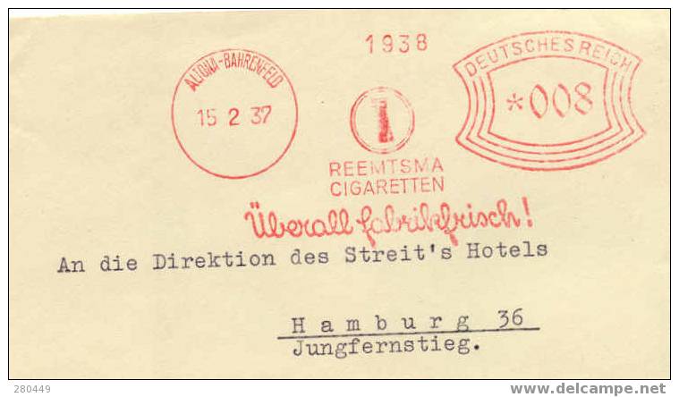 Deutsche Reich Front Cover Meterfreistempel Reemtsma Cigaretten, Altona-Bahrenfeld 15-2-1937  Nice Cut - Tabak