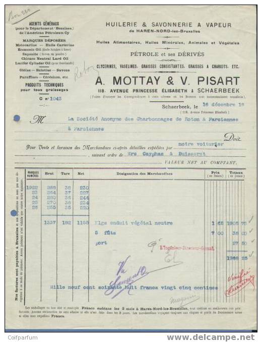 HUILERIE & SAVONNERIE A VAPEUR  SCHAERBEEK  1916  (F895) - Profumeria & Drogheria