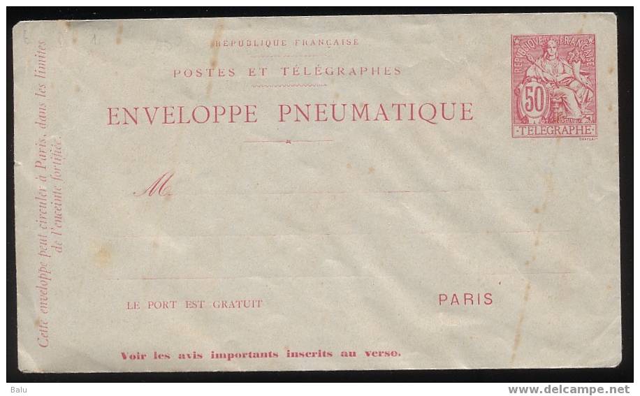 France Entier Postal Yvert No. 2764-EPP Type Chaplain 50c (1897) Entier Pneumatique Enveloppe Neuf - Pneumatische Post