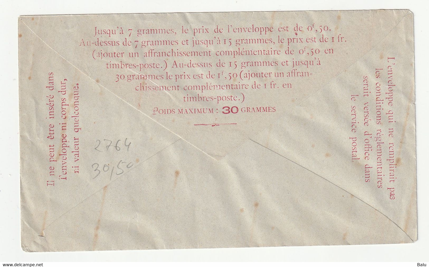 France Entier Postal Yvert No. 2764-EPP Type Chaplain 50c (1897) Entier Pneumatique Enveloppe Neuf - Pneumatici