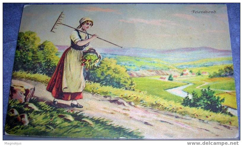 Country Girl, Field Works, Vintage Postcard - Landwirtschaftl. Anbau