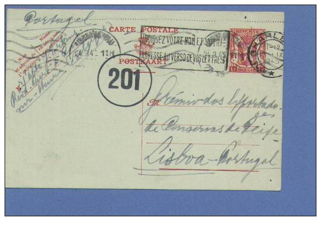 Entier Met Stempel CHARLEROI Naar PORTUGAL Op 3/9/45, Met Censuurstempel 201 - 1935-1949 Small Seal Of The State