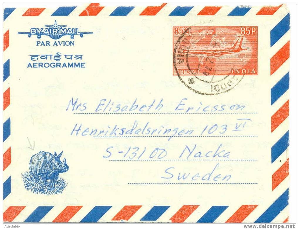 India Aerogramme " Rhinocéros "  85p. 1970 - Neushoorn