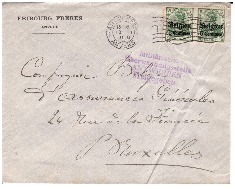 BELGIUM USED COVER 1916 CANCELED BAR ANTWERPEN - OC1/25 Gouvernement Général