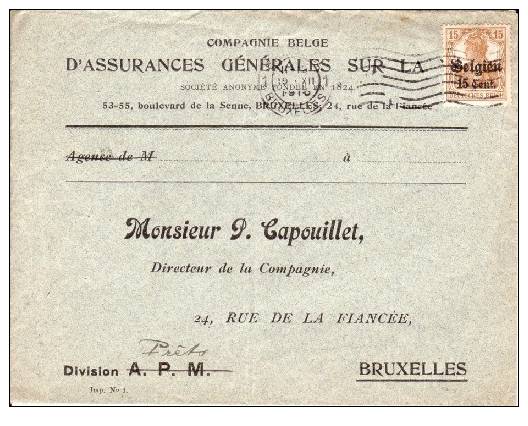 BELGIUM USED COVER 1916 CANCELED BAR BRUXELLES - OC1/25 Gouvernement Général