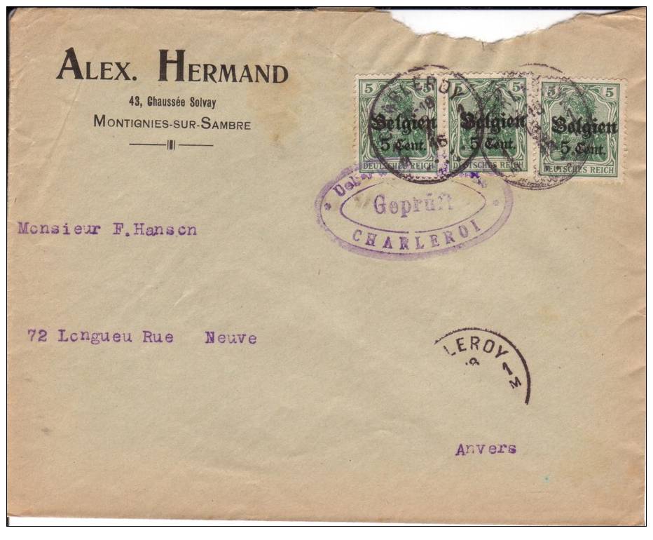 BELGIUM USED COVER 1916 CANCELED BAR CHARLEROY - OC1/25 Generaal Gouvernement