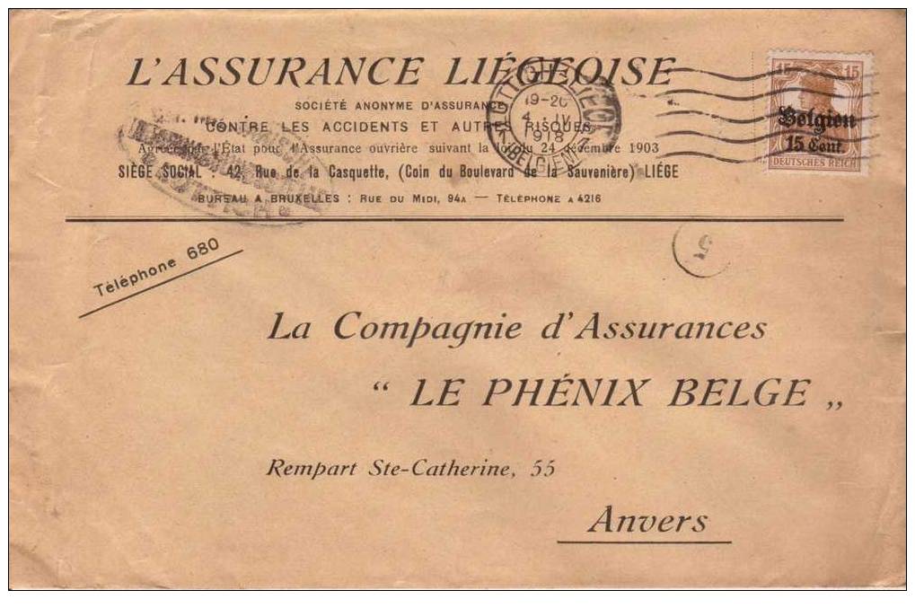 BELGIUM USED COVER 1918 CANCELED BAR LUTTICH - OC1/25 Generalgouvernement 