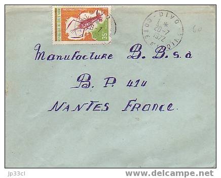 Timbre YT N°315 Sur Lettre Du 20/07/1972, De Divo à Nantes - Côte D'Ivoire (1960-...)