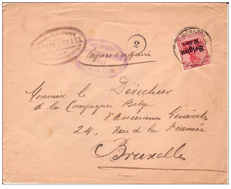 BELGIUM USED COVER CANCELED BAR ST-GERARD - OC1/25 Generaal Gouvernement