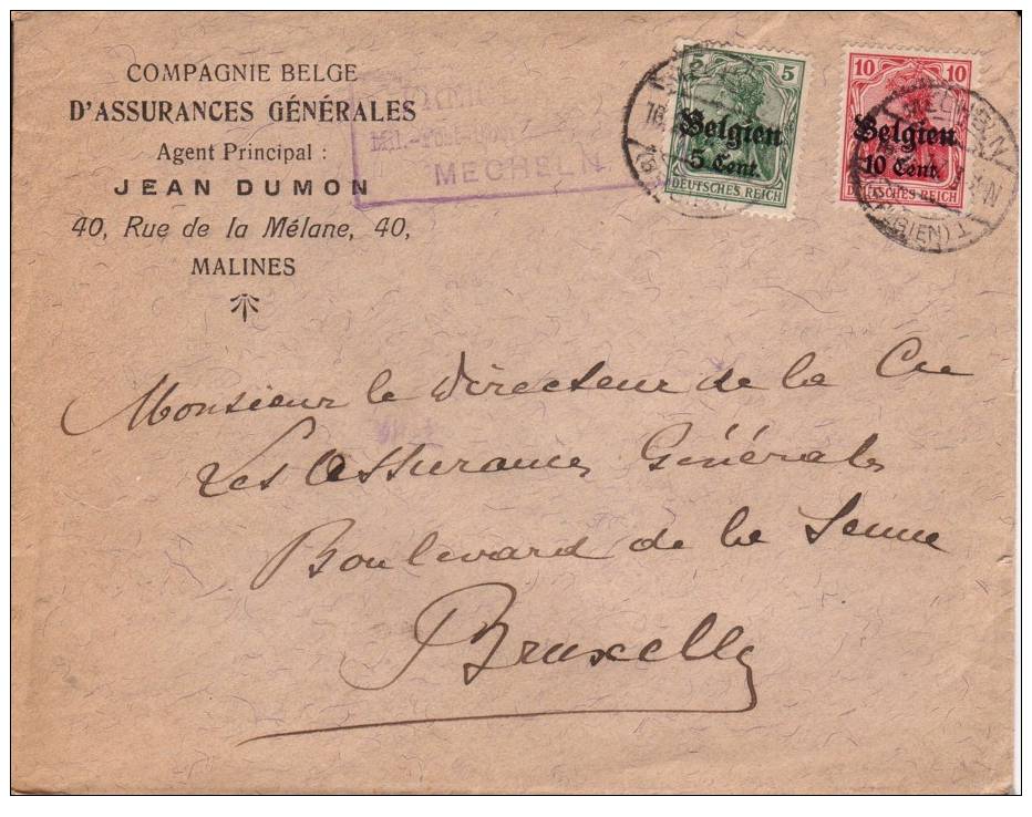 BELGIUM USED COVER 1917 CANCELED BAR MECHELEN - OC1/25 Generalgouvernement 