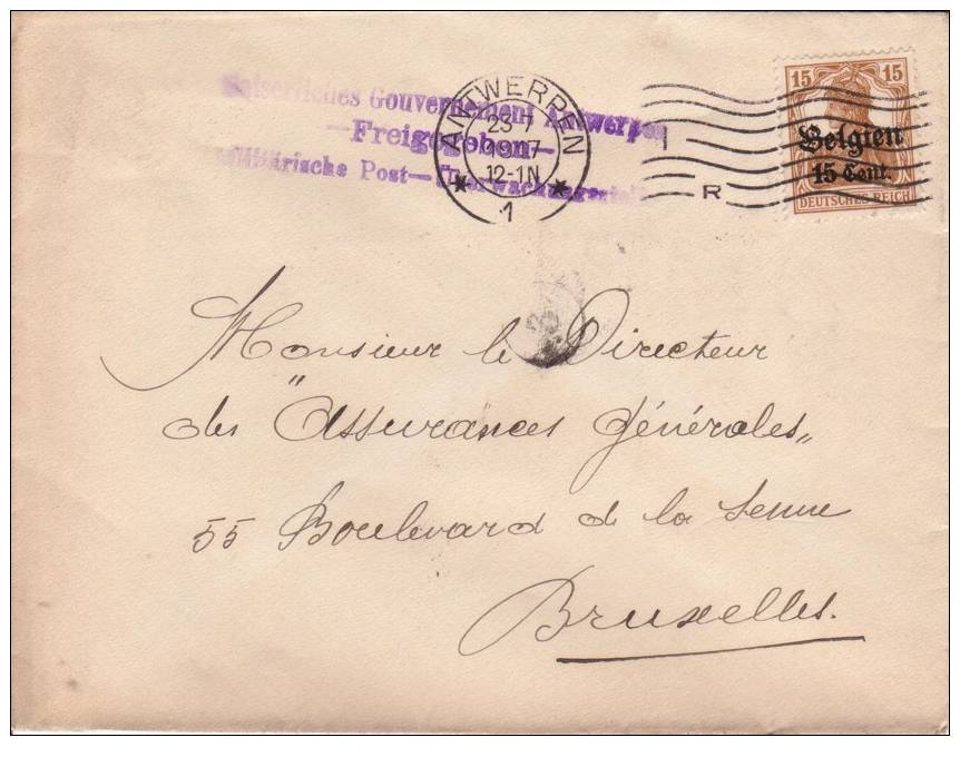 BELGIUM USED COVER 1017 CANCELED BAR ANTWERPEN - OC1/25 Generalgouvernement 