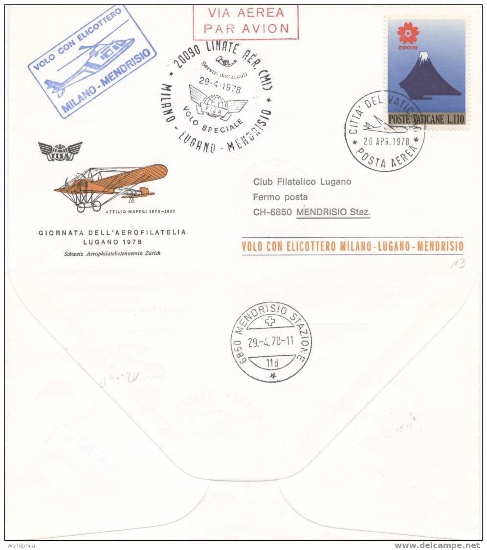 Helicopter Flight Vatican-Italy-Switzerland Fisa Cover 1978 - Helicopters