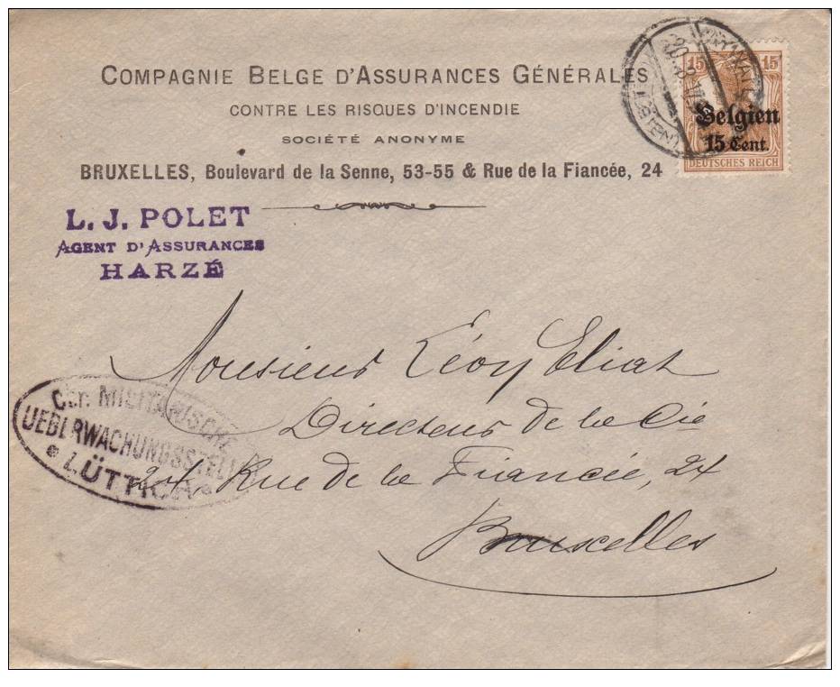 BELGIUM OCCUPATION USED COVER 1917 CANCELED BAR AYWAILLES - OC1/25 Generalgouvernement 