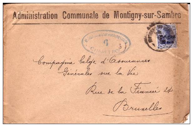 BELGIUM OCCUPATION USED COVER CANCELED BAR MONTIGNIES-SUR-SAMBRE - OC1/25 Generalgouvernement 