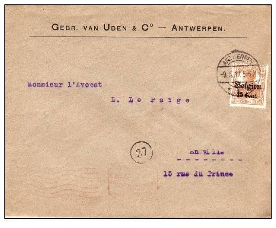 BELGIUM OCCUPATION USED COVER 1917 CANCELED BAR ANTWERPEN - OC1/25 Gouvernement Général