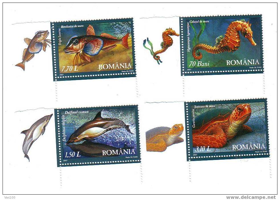 ROMANIA 2007 SET+ TABS,FAUNA FROM THE BLACK SEA;SEAHORSE,COMMON DOLPHIN,SEA TURTLE,TUB GURAND,MNH. - Delfini