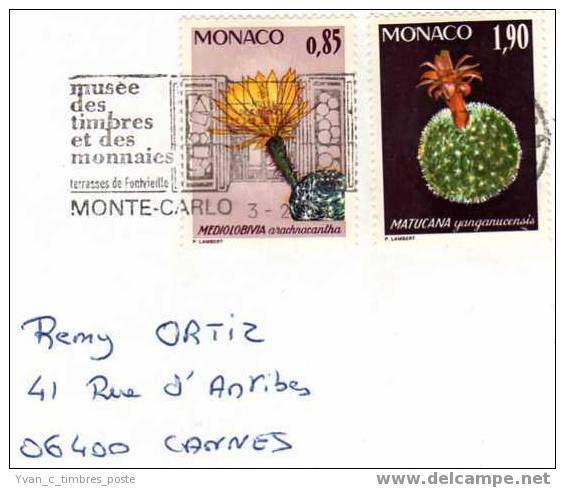 MONACO LETTRE AFFRANCHISSEMENT FLEURS DU JARDIN EXOTIQUE - Postmarks