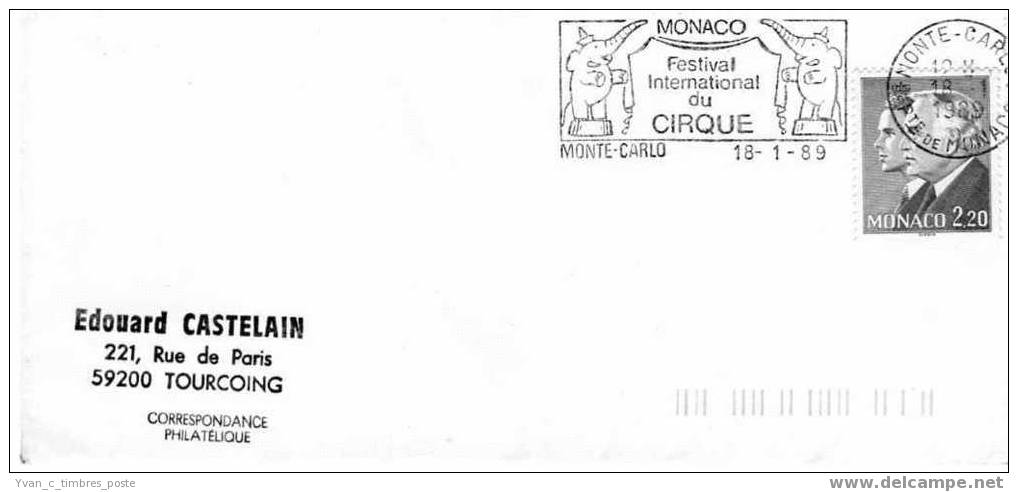 MONACO LETTRE AFFRANCHISSEMENT PRINCES RAINIER III ET ALBERT II FLAMME FESTIVAL DU CIRQUE - Postmarks