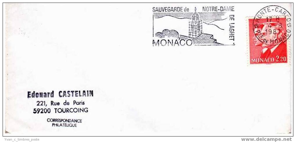 MONACO LETTRE AFFRANCHISSEMENT PRINCES RAINIER III ET ALBERT II FLAMME NOTRE DAME DE LAGHET - Marcofilie