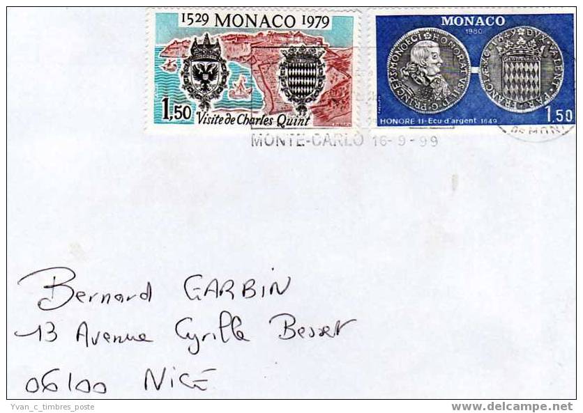 MONACO LETTRE AFFRANCHISSEMENT VISITE DE CHARLES QUINT ET ECU D ARGENT HONORE II - Postmarks