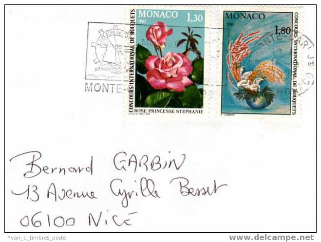 MONACO LETTRE AFFRANCHISSEMENT CONCOURS INTERNATIONAL DE BOUQUETS FLEURS ROSE - Postmarks