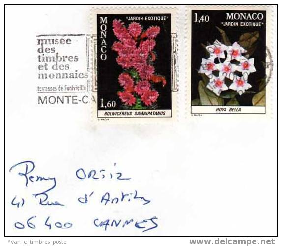 MONACO LETTRE AFFRANCHISSEMENT FLEURS DU JARDIN EXOTIQUE - Marcophilie