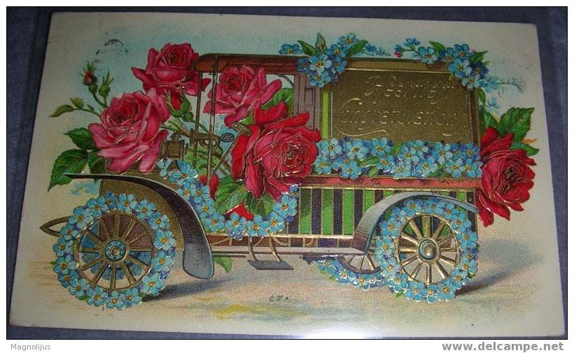 R!R!Very Rich Litho And Pressed Print,Truck,Flowers,vintage Postcard - Camión & Camioneta