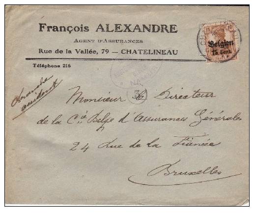 BELGIUM OCCUPATION USED COVER CANCELED BAR CHATELINEAU - OC1/25 Gouvernement Général