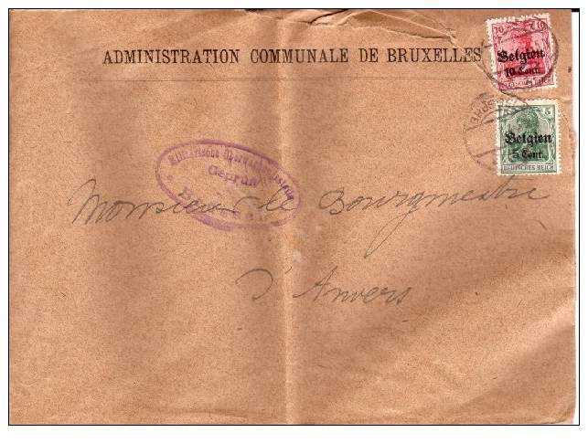 BELGIUM OCCUPATION USED COVER 1917 CANCELED BAR BRUSSEL - OC1/25 Generalgouvernement 
