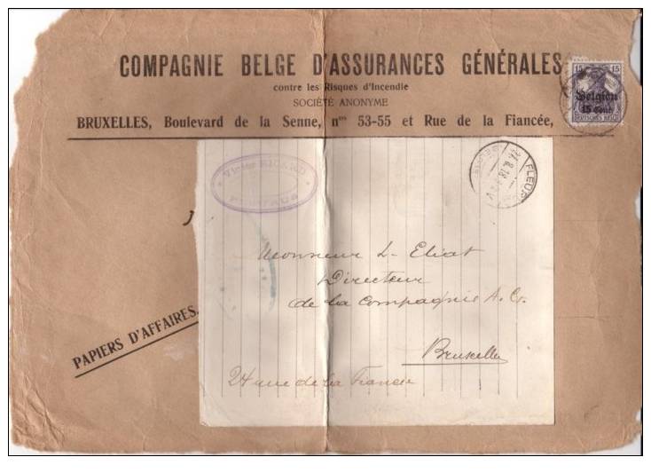 BELGIUM OCCUPATION USED COVER 1918 CANCELED BAR FLEURUS - OC1/25 Generaal Gouvernement