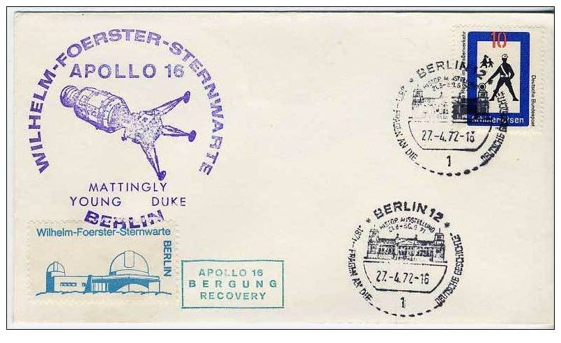 Espace Apollo 16 Lettre De Allemagne Avec Vignette / Space Apolo 16 Recovery Cover W/ Label Germany - Europa