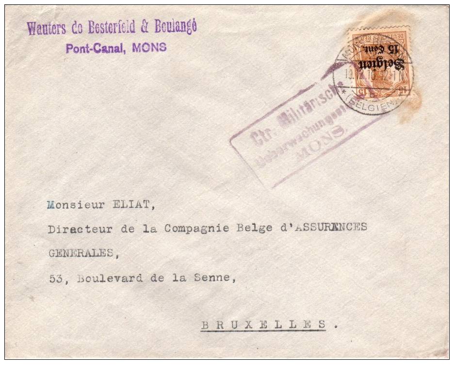 BELGIUM OCCUPATION USED COVER 1916 CANCELED BAR MONS - OC1/25 Generaal Gouvernement