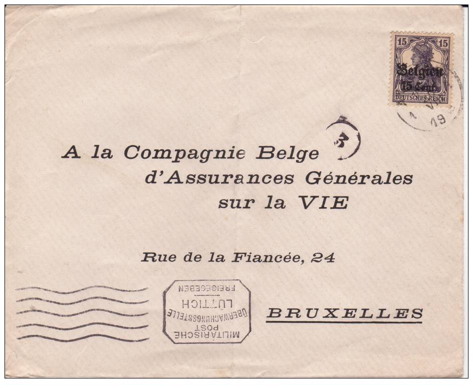 BELGIUM OCCUPATION USED COVER 1918 CANCELED BAR - OC1/25 Generalgouvernement 