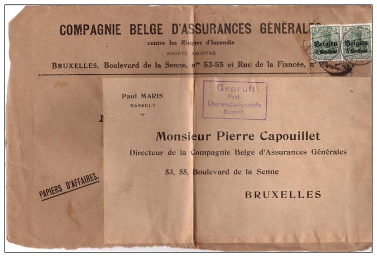 BELGIUM OCCUPATION USED COVER 1918 CANCELED BAR HASSELT - OC1/25 Generaal Gouvernement