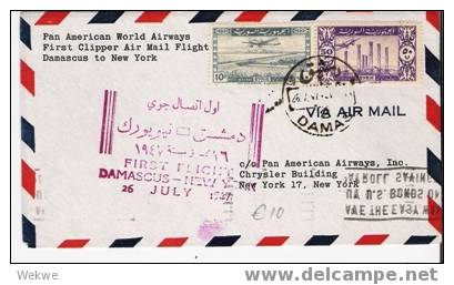 Sy018/ Syrien,  Erstflug Damas-New York 1947, Buntfrankatur - Covers & Documents