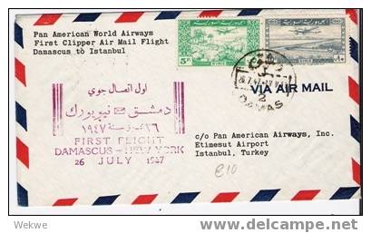 Sy023 Syrie, Brief Mit / Erstflug Damascus -NY 1947 Mit PAA (Ankara) - First Flight - Syrien