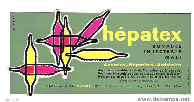 BUVARD - HEPATEX - LABORATOIRES EVANS - PARIS - CARTONEX - ANEMIES - HEPATITES - ASTENIES  - NEUF - Droguerías