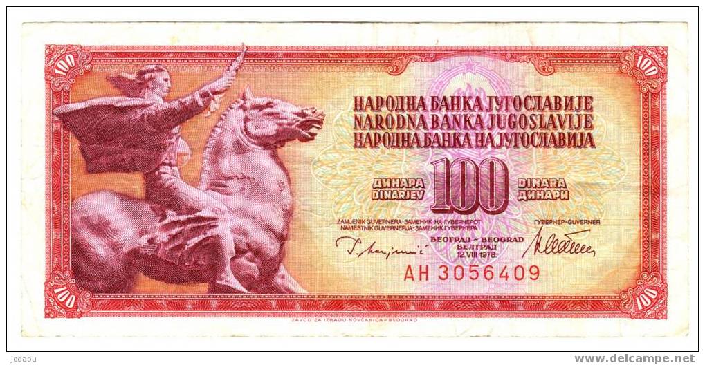 Billet De 100 Dinara De 1978 De Yougoslavie - Jugoslawien