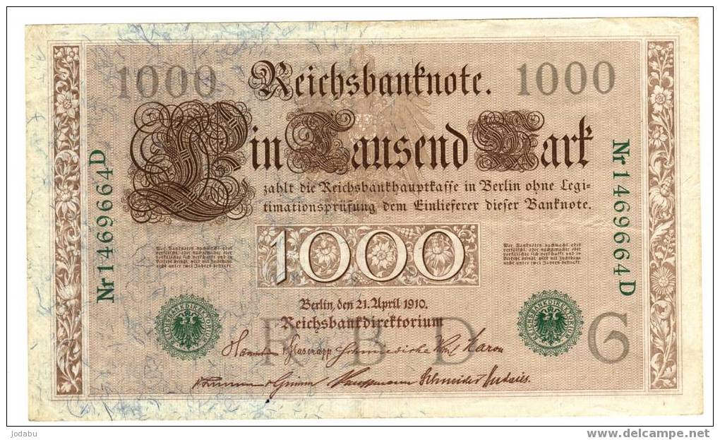 Billet Allemand De 1910 De 1000 Mark  Vert - 1.000 Mark